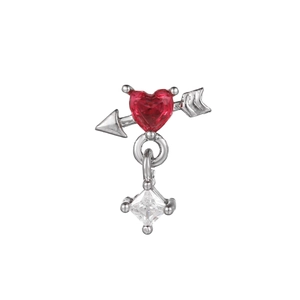 Close-up of Cupid's arrow stud with red heart zircon and transparent square pendant