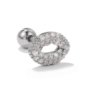 Detailed view of 20G stainless steel tragus stud with sparkling zircon oval design