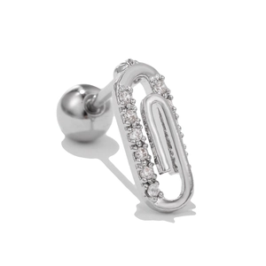 Detailed close-up of a paperclip stud earring with zircon inlay and screw ball back