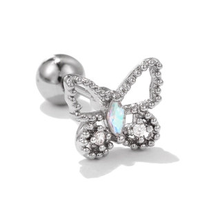 Macro shot of silver butterfly stud earring with marquise cubic zirconia and screw ball back