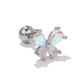 Detail of butterfly stud earring with opal stones and screw back ball closure
