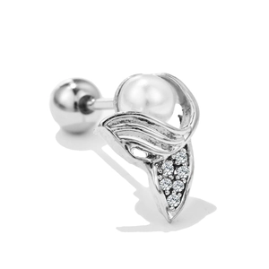 Detail of silver barbell earring featuring a white pearl and zircon-encrusted leaf