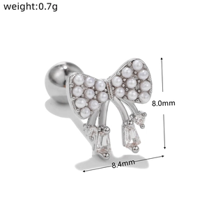 Bow earring with white pearls and sparkling gem pendant, 8x8.4mm stainless steel stud