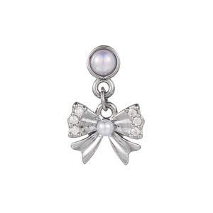 Silver bowknot stud earring with opal gemstone and small pearls on white background