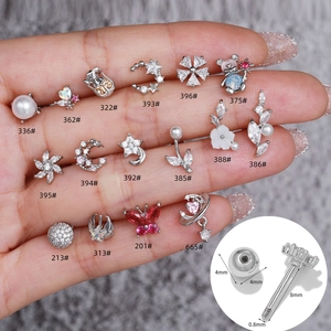 18k shell flower cartilage studs in stainless steel featuring pearls and stars