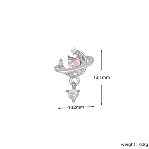 Detailed view of silver moon stud earring with pink heart stone and size measurements