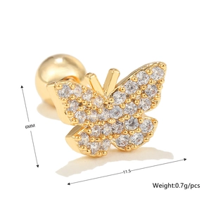 Detail of 18K gold-plated butterfly stud earring with clear cubic zirconia stones