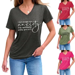 Women V-Neck T-Shirt Cotton Blend Short Sleeve Anxiety Slogan Print Casual Summer Top Side Knot Design