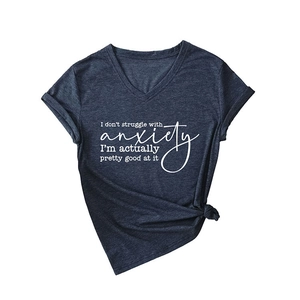 Women's V-neck dark grey short sleeve T-shirt with white quote print and side knot detail