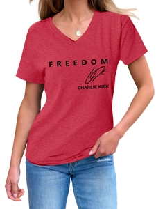 Detail view of the V-neckline and Charlie Kirk Freedom slogan print on a red cotton t-shirt