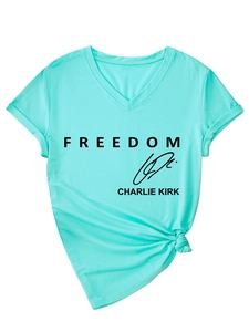 Detail of Tiffany blue V-neck t-shirt with Freedom print and stylish knotted hem design