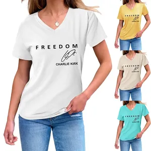 Women V Neck Short Sleeve T-Shirt Freedom Letter Print Signature Cotton Blend Casual Loose Summer Graphic Top