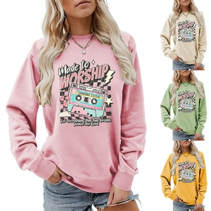 Detail view of colorful retro cassette tape print on long sleeve crewneck sweatshirts