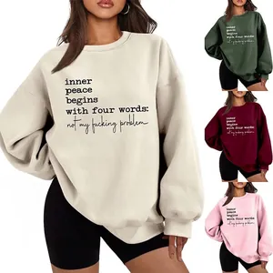 Women Crewneck Sweatshirt Cotton Blend Fleece Lined Oversized Casual Streetwear Long Sleeve Inner Peace Slogan Print Top