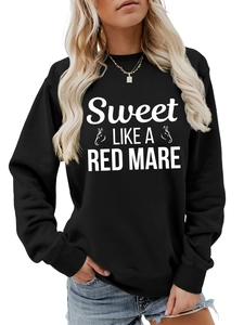 Detail of classic black crewneck sweatshirt with white 'Sweet Like A Red Mare' art print