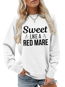 Close-up of white crewneck sweatshirt with Sweet LIKE A RED MARE print and horse graphics