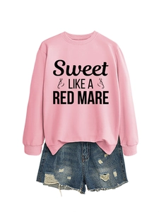 Detail of pink crewneck sweatshirt with horse graphic and sweet like a red mare text