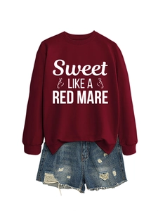 Detail of red crewneck sweatshirt with white horse graphic and sweet mare text print
