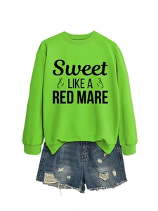 Detail of neon green crewneck sweatshirt with black letter print and horse graphic