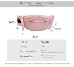 Pink nylon belt bag dimensions 33x16x10cm with adjustable strap and zip closure