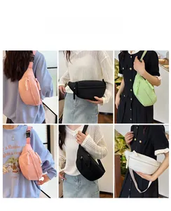 Collage of nylon crossbody waist bags in pink, black, green and white showing various wear styles