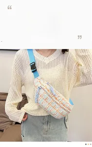 Detail of plaid canvas saddle bag showing woven texture and adjustable blue strap with buckle