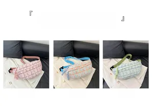 Detailed grid showing pink, blue and green plaid canvas saddle bags with woven texture