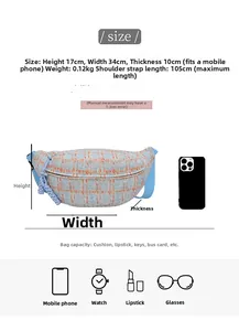 Detail showing checkered fanny pack dimensions with phone for size comparison