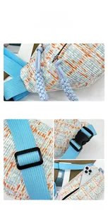 Macro detail of plaid canvas waist bag with adjustable strap and durable plastic buckle