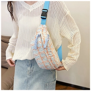 Stylish plaid tweed waist bag for women with blue strap and dual zipper detail