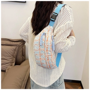 Detail view of plaid tweed crossbody bag with blue textile strap and quick-release buckle
