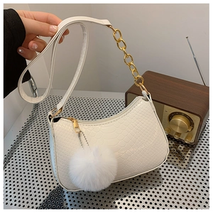 Women Glossy Patent Leather Underarm Bag Crocodile Embossed Mini Shoulder Bag With Golden Chain And Pom-Pom Baguette Bag