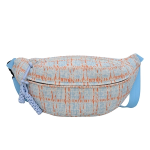 Blue and orange plaid canvas waist bag with textured woven fabric and adjustable strap