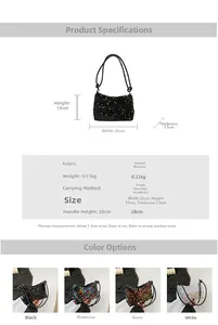 Guide des tailles du sac à paillettes avec dimensions 22x15x7.5cm et options de couleurs