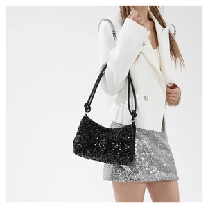 Sac sous le bras à paillettes noires brillantes avec bandoulière à nœuds élégante