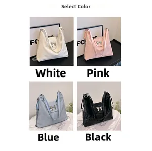 Collage of soft PU leather tote bags in white, pink, blue, and black with bow detail