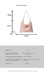 Detailed dimensions of pink PU shoulder bag showing size and adjustable strap features