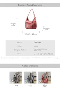 Size chart showing large striped tote bag dimensions 31x21x10cm in fabric material