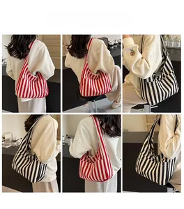 Detailed views of high-capacity striped canvas tote bags with side pockets in two colors