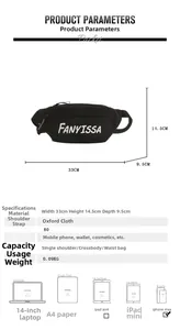 Detailed size specifications and dimensions for the black oxford cloth waist bag