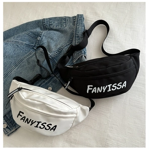 Detail view of sport waist bags with FANYISSA lettering and reflective zipper pulls