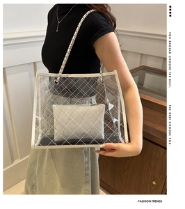 Détail d'un cabas transparent en PVC avec motif matelassé blanc et bandoulière chaîne