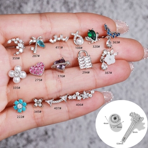 Edelstahl-Ohrstecker Set mit Zirkonia und Perlen, 8mm Stablänge für Knorpelpiercings