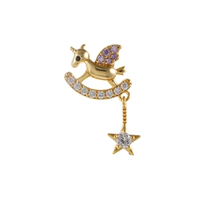 Golden pegasus rocking horse stud earrings with purple crystals and star charms