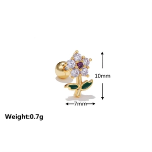 Detailed view of flower stud earring with white and purple stones, size 10x7mm