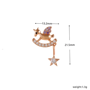 Detail view of rose gold pegasus earring with purple stones and star charm measurements