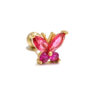 Detail of butterfly earring with pink gems and gold plated screw ball back