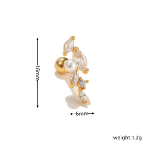 Detail showing 16mm floral earring with 18k gold plating, pearls, and zircons