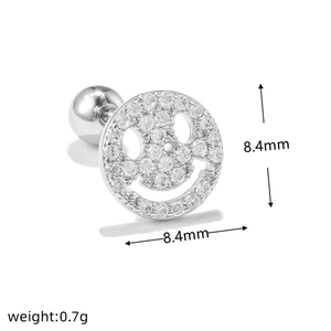 Silver smiley face stud earring with micro-pave stones and 8.4mm dimensions detail