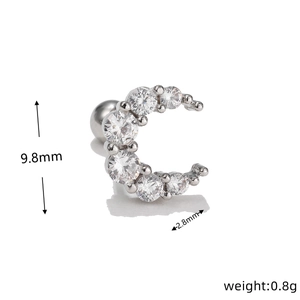 Macro shot of silver moon helix stud showing 9.8mm height and 2.8mm width details